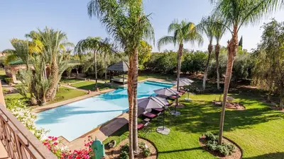an overhead view of a swimming pool with palm trees at Villa Hiba Luxury & Paddle in Najem