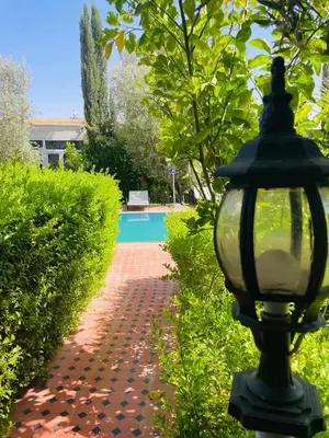a street light next to a garden with a swimming pool at Villa MSHolidays 3 palmiers avec piscine marrakech in Marrakech