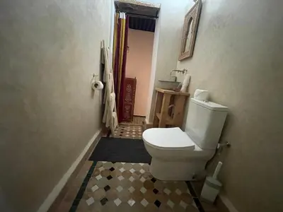 a bathroom with a white toilet and a sink at Dar Drouj a Special 14th Century Familyhouse Riad in Fès