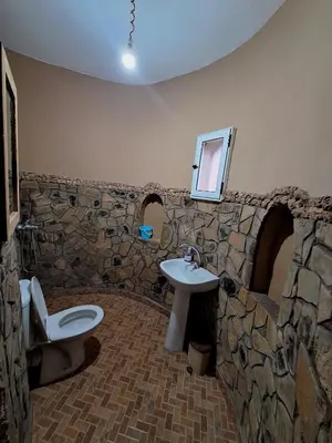a stone bathroom with a sink and a toilet at Riad IZRAREN in FIGUIG in Zenaga