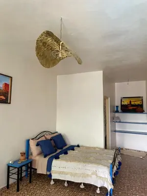 a bedroom with a bed and a ceiling fan at Maison D'hôtes Ait Mouli in Bzou