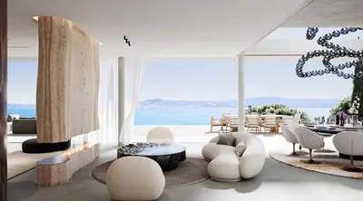 a living room with a view of the ocean at Villa matudi in Timsernit