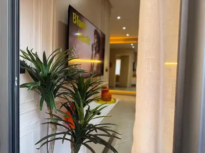 a hallway with two potted plants next to a door at New appart moderne à Gueliz , charme et confort in Oulad Akkou
