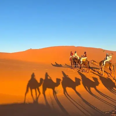 a group of people riding horses in the desert at Moha Luxury Camp in Merzouga