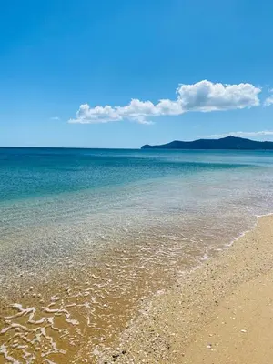 a sandy beach with the ocean and mountains in the background at Cosy appartement in Oulad Akkou