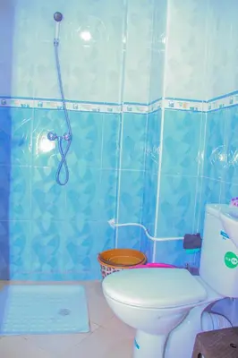 a blue tiled bathroom with a toilet and a shower at Appartement du luxe in Oulad Akkou