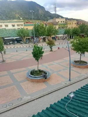 a park with trees in a plaza with a street light at Hôtel des cedres azrou in Oulad Akkou