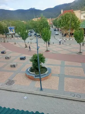 a large plaza with trees and a street light at Hôtel des cedres azrou in Oulad Akkou