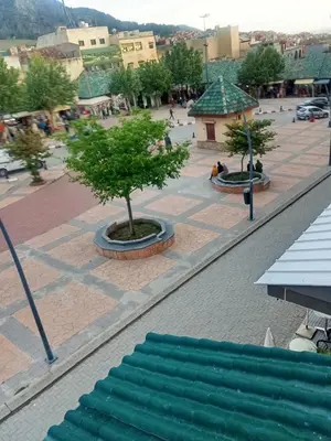 a view of a town with a tree in a plaza at Hôtel des cedres azrou in Oulad Akkou