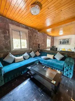 a living room with a blue couch and a wooden ceiling at Blue Atlas Villa in Igrif Foudene