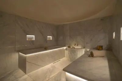 a bathroom with a bath tub with two cats laying on the floor at Amanar Hôtel & Spa Ouarzazate in Ouarzazate