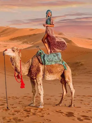 a woman riding on the back of a camel in the desert at Merzouga white camp in Merzouga