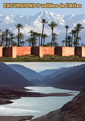 two pictures of mountains and a lake with palm trees at Excursions morocco in Oulad Akkou