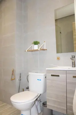 a bathroom with a toilet and a sink and a mirror at Maison avec 2 piscines vue mer et montagne in Oulad Akkou