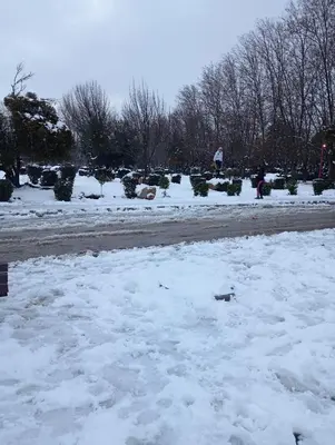a snow covered road with a person walking in the distance at caprice apparemment in Ifrane