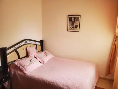a bedroom with a bed with pink sheets and a picture at le bon coin in Ifrane