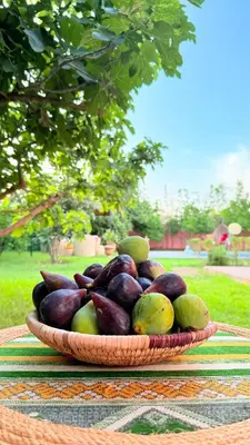 a bowl of fruit sitting on a table at Villa Dayet Roumi House in Friday Market