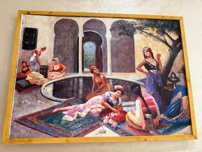a painting of a group of women around a fountain at Dar Dina Havre de paix sous les cèdres d'Ifrane in Ifrane