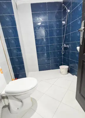 a blue tiled bathroom with a toilet and a shower at Residence Nasr Fes - Family & Traveler Apartments in Fès