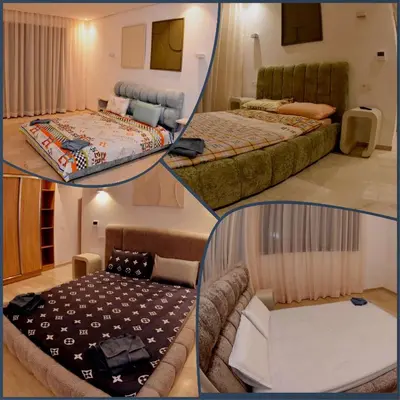 three pictures of a room with two beds and a couch at Villa À Kenza marrakech in Oulad Akkou