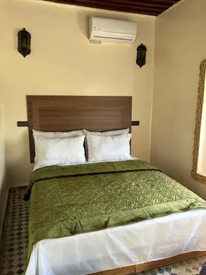 a bedroom with a bed with a green blanket and pillows at Riad Serendipity in Fès