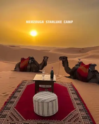 a table in the middle of a desert with two camels at Merzouga Starluxe Camp in Merzouga