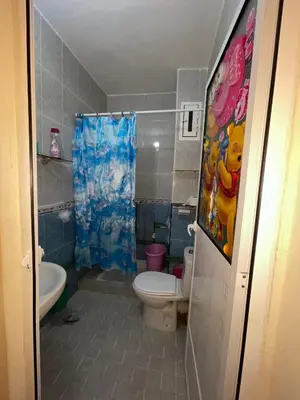 a bathroom with a toilet and a shower curtain at Saidia in Oulad Akkou