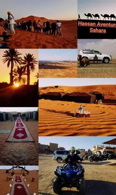 a collage of pictures of vehicles and a man on a motorcycle at desertcamp in Merzouga