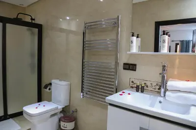 a bathroom with a sink and a toilet and a mirror at Villa Palmyra, 8 suites et piscine chauffée in Marrakech