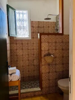 a bathroom with a shower and a toilet at Le Gîte Dayet Aoua