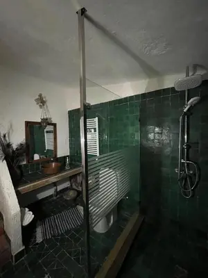 a green tiled bathroom with a shower and a sink at Le Gîte Dayet Aoua