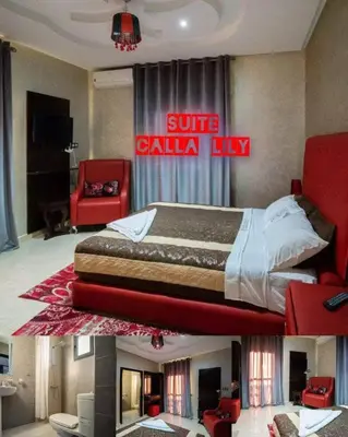 a hotel room with a bed and a suite calilla lobby at Villa Flower in Oulad Akkou