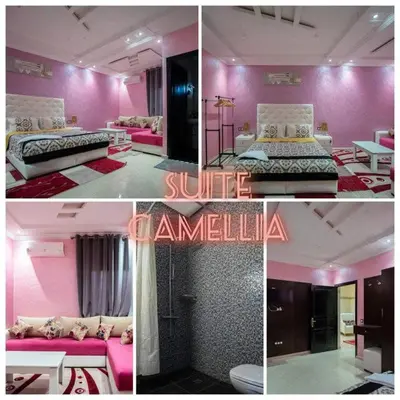 a collage of four pictures of a pink bedroom at Villa Flower in Oulad Akkou