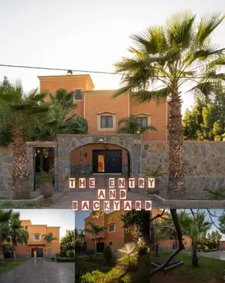 two pictures of a house with a palm tree at Villa Flower in Oulad Akkou