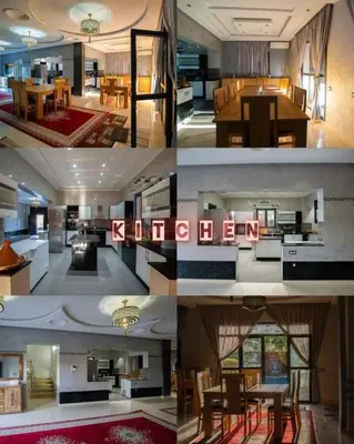 a collage of photos of a kitchen and a living room at Villa Flower in Oulad Akkou