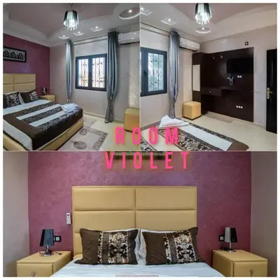 two pictures of a hotel room with a bedroom at Villa Flower in Oulad Akkou