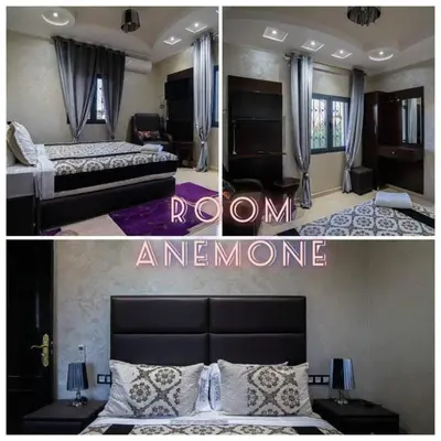 two pictures of a bedroom with a bed and a room with at Villa Flower in Oulad Akkou