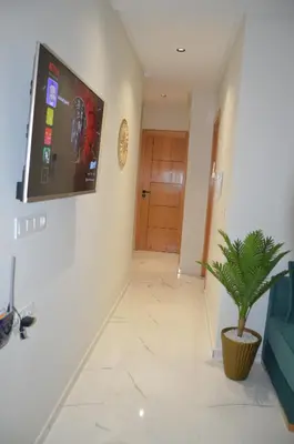 a hallway with a television and a potted plant at Cozy Apartment close to amenities in Fès
