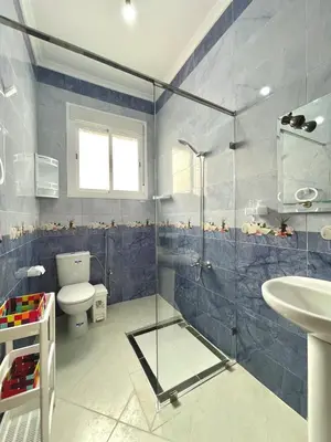 a bathroom with a shower and a toilet and a sink at The White House Tetouan in Oulad Akkou