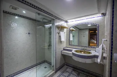 a bathroom with a shower and a sink and a mirror at Saphiryad in Fès