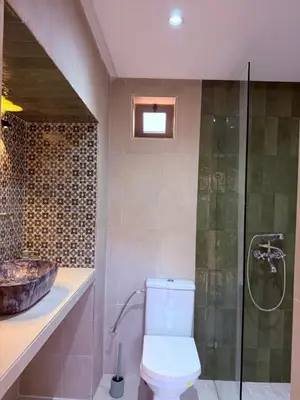 a bathroom with a toilet and a shower and a sink at 3A Retreat Lodge in Ourika