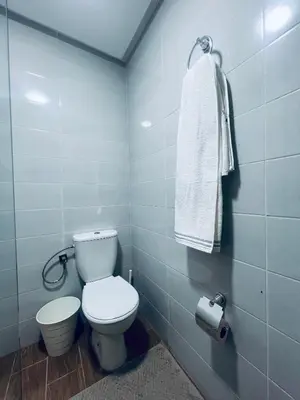 a bathroom with a toilet and a towel on the wall at Studio lumineux avec terrasse in Er Rachidia