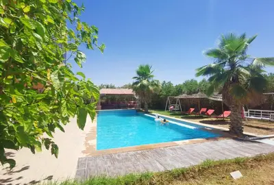 a swimming pool at a resort with palm trees at Dreamy Stay in Ourika NOVA Pool Villa with Atlas Backdrop in Aguelmous