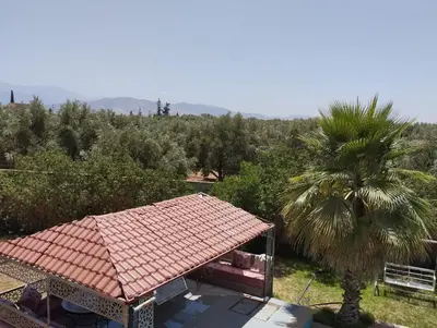 a house with a red roof and a palm tree at Dreamy Stay in Ourika NOVA Pool Villa with Atlas Backdrop in Aguelmous