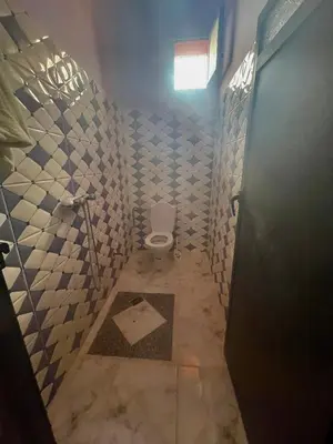a bathroom with a toilet with blue and white tiles at Tinzouline in Tinzouline