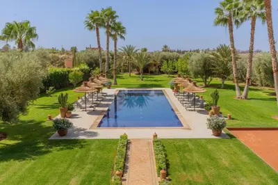 an image of a garden with a swimming pool and palm trees at Villa Chocolat Deluxe in Marrakech