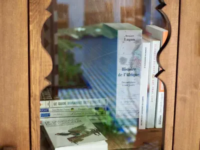 a glass book shelf with books on it at Riad Toyour- Riad of birds in Fès