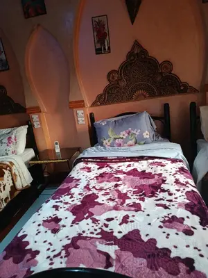 a bedroom with a bed with a purple and white blanket at Africa Hollywood in Aït Ben Haddou