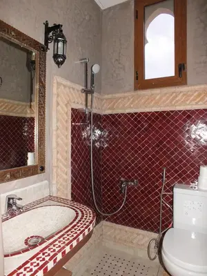 a bathroom with a shower and a tub and a toilet at Palm Dades in Boumalne