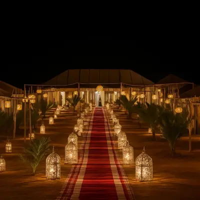 a long aisle with lanterns and lights at a wedding at Merzouga Stars Camp in Merzouga